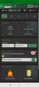 WazirWin gaming dashboard on mobile device